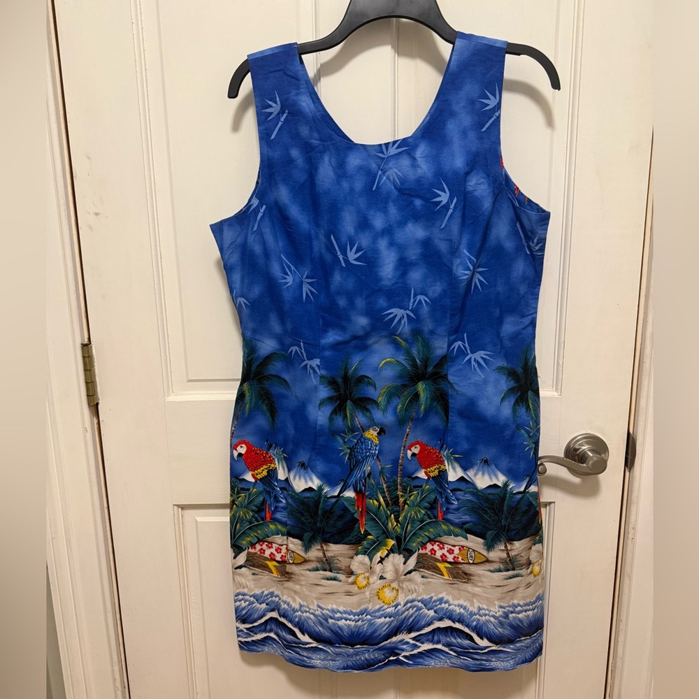 Vintage KY’s Made in Hawaii Tropical Blue Parrot Print Sleeveless Cotton Dress